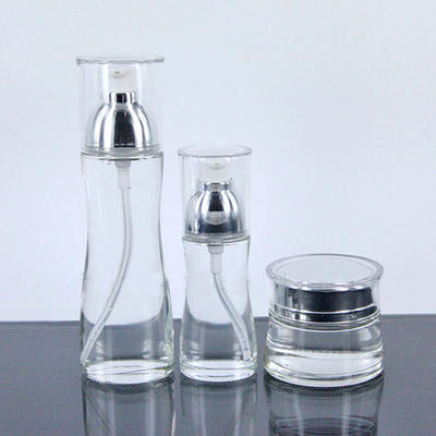 Transparent round cosmetic jar with screw cap and packaging bottle set